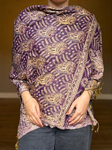 Pashmina de Viscose - Estampada - Dupla Face - Roxo e Bege