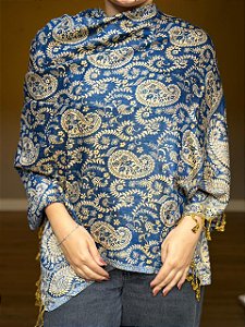 Pashmina de Viscose - Estampada - Dupla Face - Azul e Bege