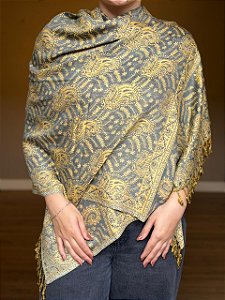 Pashmina de Viscose - Estampada - Dupla Face - Cinza e Bege