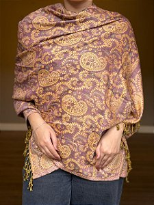 Pashmina de Viscose - Estampada - Dupla Face - Lilás e Bege