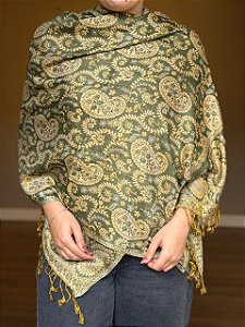 Pashmina de Viscose - Estampada - Dupla Face - Verde e Bege