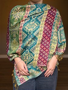Pashmina de Viscose - Estampada - Turquesa e Colorido