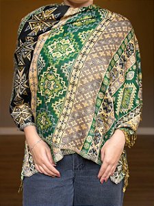 Pashmina de Viscose - Estampada - Verde e Colorido