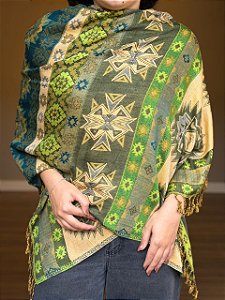 Pashmina de Viscose - Estampada - Verde e Bege