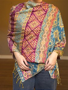 Pashmina de Viscose - Estampada - Rosa e Azul