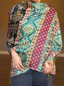 Pashmina de Viscose - Estampada - Turquesa, Rosa e Preto