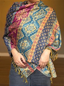 Pashmina de Viscose - Estampada - Azul Escuro e Colorido