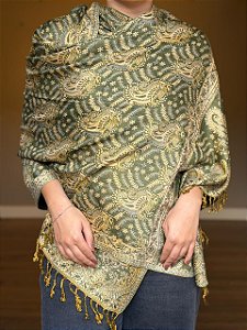 Pashmina de Viscose - Estampada - Dupla Face - Verde e Bege