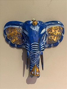 Cabeça De Elefante - Madeira - Azul e Dourado