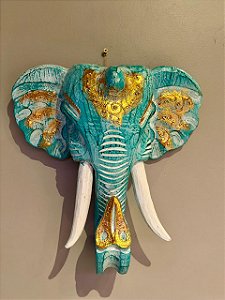 Cabeça De Elefante - Madeira - Verde Turquesa e Dourado
