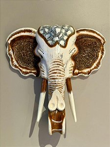 Cabeça De Elefante - Madeira e Madrepérolas - Branco e Marrom