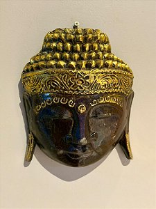 Cabeça Buda Esculpido - Madeira - Pintado à mão - Marrom e Dourado