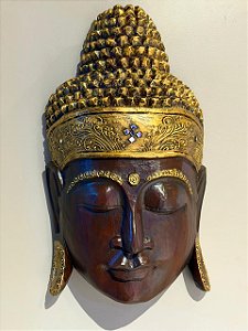 Cabeça Buda Esculpido - Madeira - Pintado à mão - Marrom e Dourado