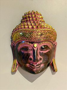 Cabeça Buda Esculpido - Madeira - Pintado à mão - Rosa, Marrom e Dourado
