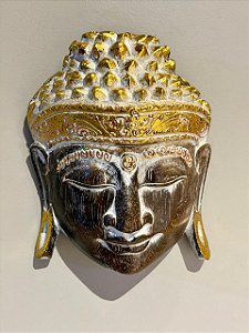 Cabeça Buda Esculpido - Madeira - Pintado à mão - Marrom, Branco e Dourado