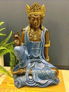 Buda - Madeira - Azul, Marrom e Dourado - 41CM