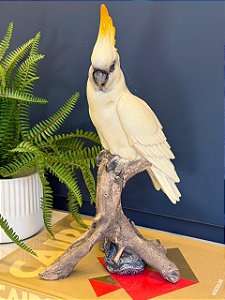 Escultura Cacatua - Decorativa - Cerâmica - Branca e Amarelo
