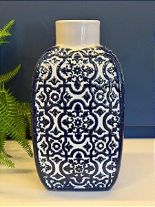 Vaso - Cerâmica - Azul Escuro e Branco - 30CM
