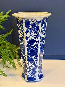 Vaso - Cerâmica - Azul e Branco - 31CM