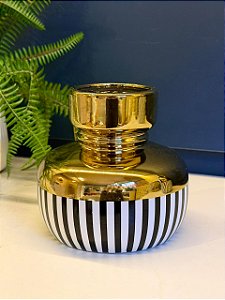 Vaso - Cerâmica - Preto, Branco e Dourado - 15CM