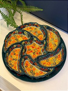 Petisqueira com Prato - Cerâmica - Turquia - Verde, Laranja e Colorido