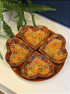 Petisqueira com Prato - Cerâmica - Coração - Turquia - Marrom, Amarelo e Colorido