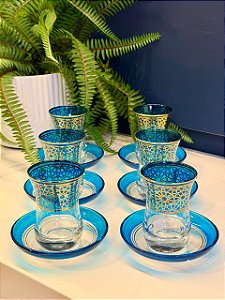 Jogo de Copos Turco - Vidro Turquia - Azul e Dourado
