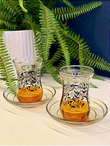 Copo Turco - Pares - Vidro Turquia - Flores - Laranja, Preto e Dourado