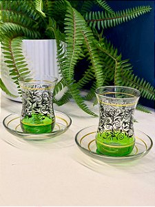 Copo Turco - Pares - Vidro Turquia - Flores - Verde, Preto e Dourado