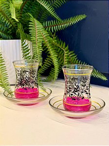 Copo Turco - Pares - Vidro Turquia - Flores - Rosa, Preto e Dourado