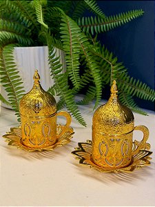 Xícara Turca - Par - Vidro - Branco e Dourado