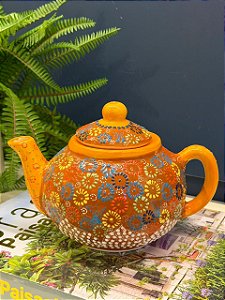 Bule Turco - Cerâmica - Pintado á mão - Marrom, Amarelo e Colorido