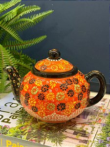 Bule Turco - Cerâmica - Pintado á mão - Laranja, Preto e Colorido