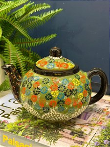 Bule Turco - Cerâmica - Pintado á mão - Verde, Preto e Colorido