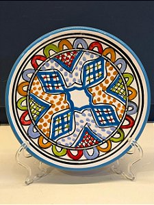 Prato de Parede PP - Tunísia - Decorativo - Cerâmica - Pintado à mão - Azul Claro e Colorido