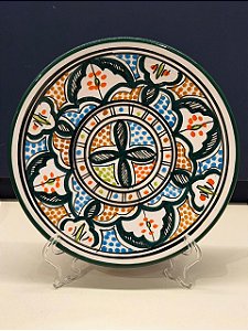Prato de Parede Pequeno - Tunísia - Decorativo - Cerâmica - Pintado à mão - Verde Escuro e Colorido