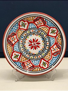 Prato de Parede Pequeno - Tunísia - Decorativo - Cerâmica - Pintado à mão - Vermelho e Colorido