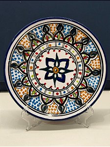 Prato de Parede Pequeno - Tunísia - Decorativo - Cerâmica - Pintado à mão - Azul e Colorido