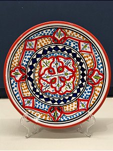 Prato de Parede Pequeno - Tunísia - Decorativo - Cerâmica - Pintado à mão - Vermelho e Colorido