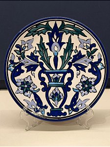 Prato de Parede Pequeno - Tunísia - Decorativo - Cerâmica - Pintado à mão - Azul e Verde