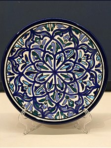 Prato de Parede Pequeno - Tunísia - Decorativo - Cerâmica - Pintado à mão - Azul e Verde