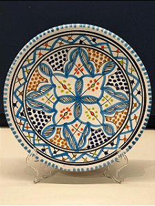 Prato de Parede Pequeno - Tunísia - Decorativo - Cerâmica - Pintado à mão - Azul Claro e Colorido