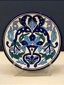 Prato de Parede Pequeno - Tunísia - Decorativo - Cerâmica - Pintado à mão - Azul e Verde