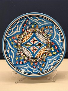 Prato de Parede Pequeno - Tunísia - Decorativo - Cerâmica - Pintado à mão - Azul Claro e Colorido