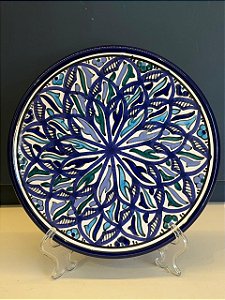 Prato de Parede Pequeno - Tunísia - Decorativo - Cerâmica - Pintado à mão - Azul e Verde