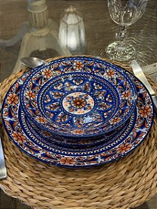 Aparelho de Jantar - Cerâmica - 12 Peças - Azul e Laranja