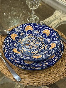 Aparelho de Jantar - Cerâmica - 18 Peças - Azul Escuro e Laranja