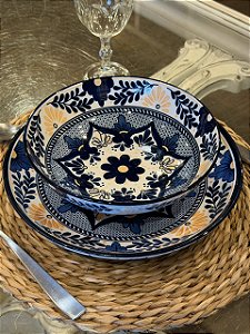 Aparelho de Jantar - Cerâmica - 12 Peças - Azul Escuro e Salmão