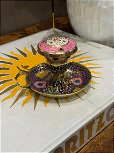 Incensário - Latão - Pintado a Mão - Roxo e Rosa