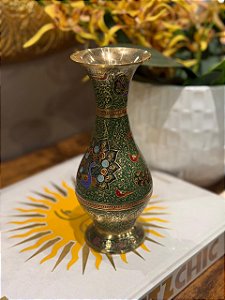Vaso - Decorativo - Latão - Verde e Colorido - 19CM